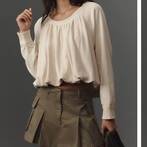 Anthropologie Cream Balloon-Sleeve Cropped sweater